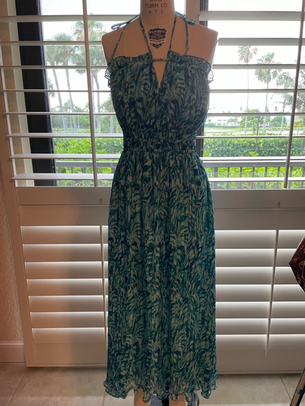 Ramy Brook Gabriela Teal Waves Halter Midi Dress